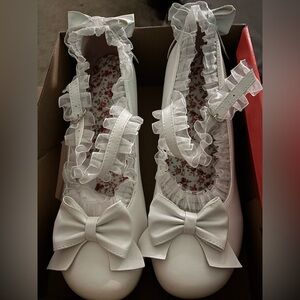 White Ruffle Bow Mary Jane Flats for Women